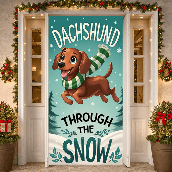 Cartoon Dachshund Happy Dachshund Winter Themed Pet Snowy Landscape Polyester Banner for Holiday Decor Christmas Party Winter Event
