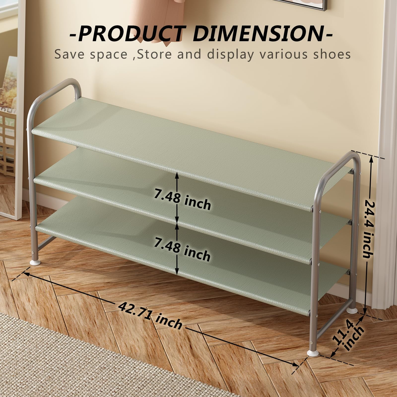 Seamika 3-Tier Shoe Rack Organizer, Metal Shoe Storage Wide Shelf with Non-woven Fabrics for Close Entryway,Grey