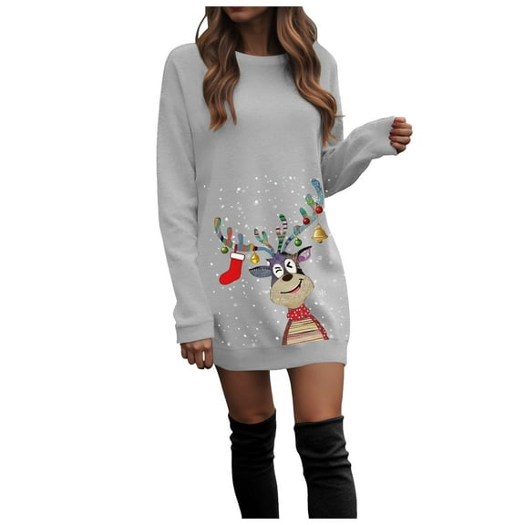 TTUHYWXI Women's Christmas Ugly Deer Printed Sweatshirt Dress Long Sleeve Crewneck Casual Costume (Grey, S)