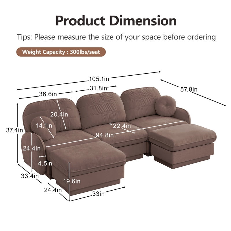 Chenille Modular Sofa with Ottomans, 3-Seater Deep Seat Cloud Couch, Convertible Sectional Sofa with Quilted Cushions & Round Pillows, Modern Sofa for Living Room, Apartment,Rose Dust