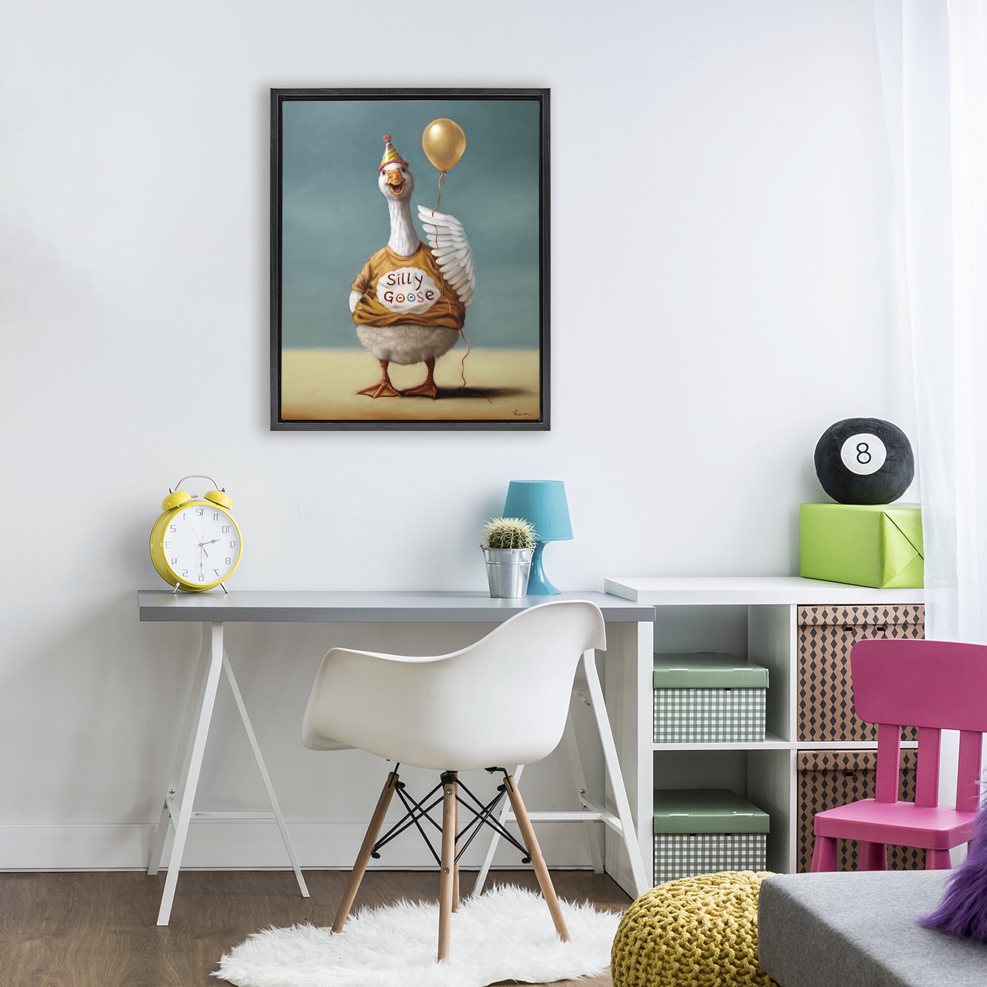 Stupell Industries Silly Goose with Balloon Black Framed Floater Canvas Wall Art, design by Lucia Heffernan