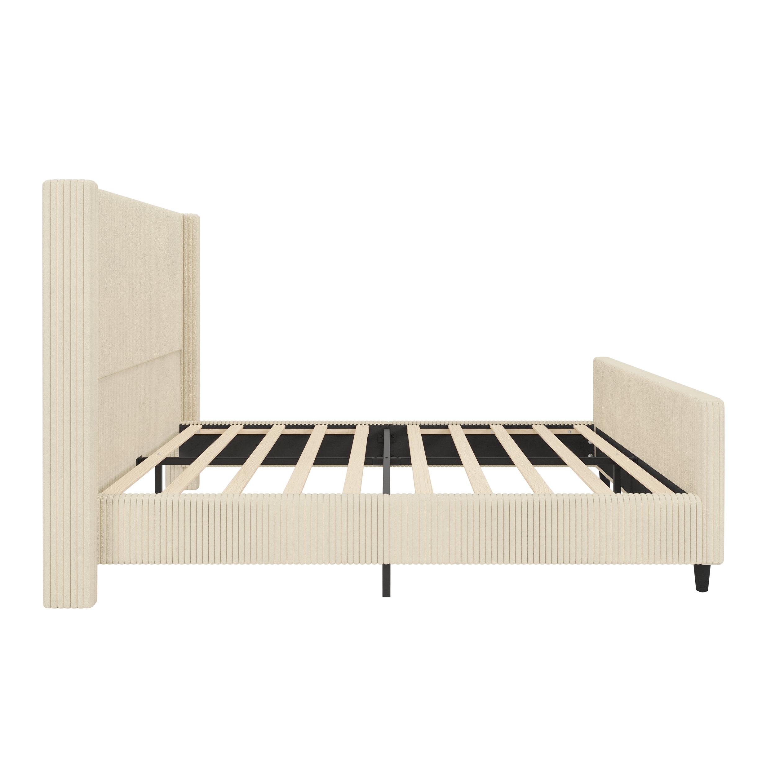 FFZ Corduroy Upholstered Queen Bed Frame with 50.7 inch Stripe Wingback Headboard, Cream