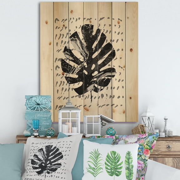 Designart 'Minimal Tropical Palm Leaf Over Grunge Texture' Tropical Print on Natural Pine Wood