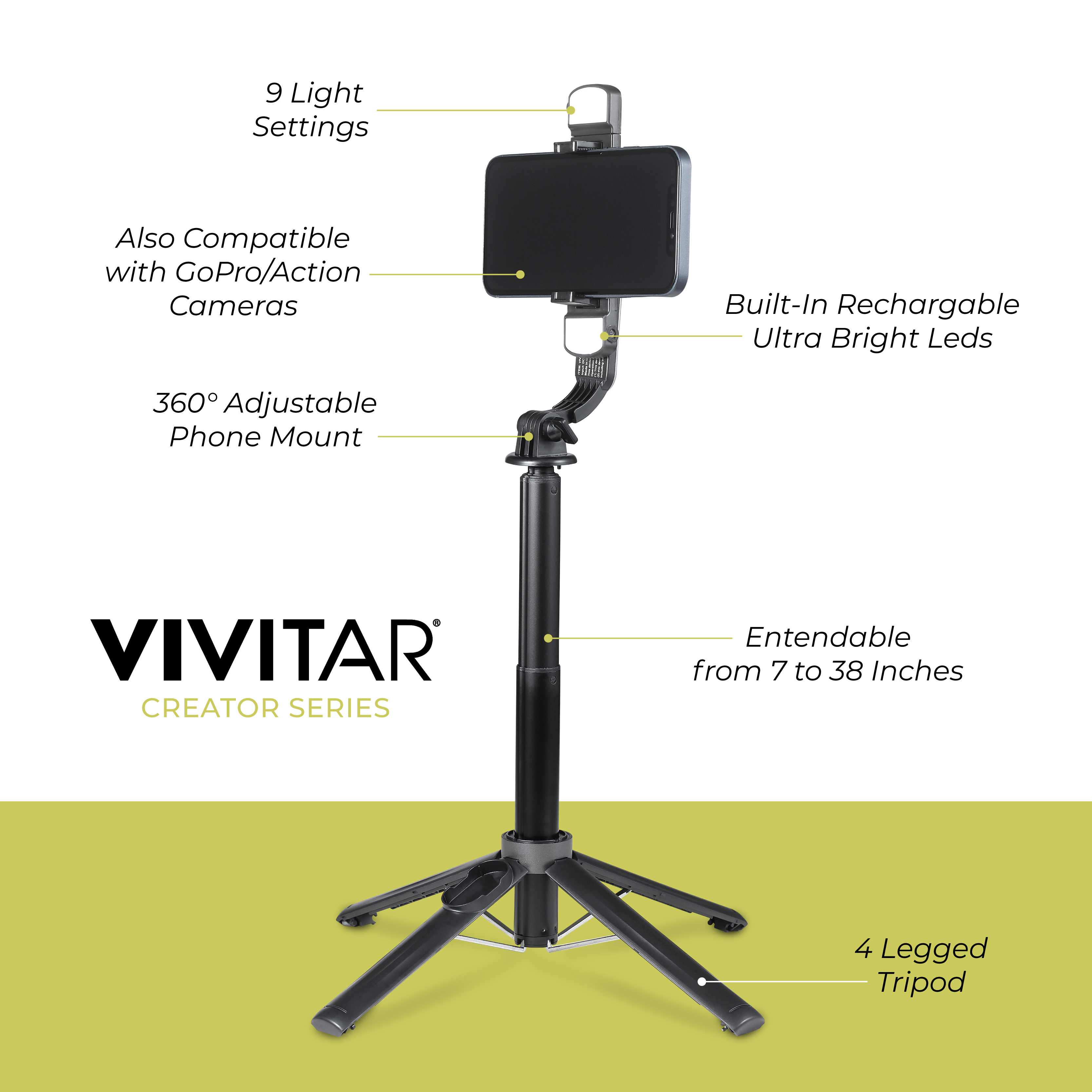 Vivitar Selfie Stick Tripod with Quad LED Lights, Black photo 6