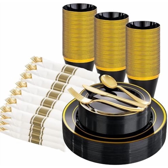 210PCS Black and Gold Plastic Plates - Plastic Dinnerware Set for 30 Guests,Include 30 Dinner Plates, 30 Dessert Plates, 30 Black Cups 9 OZ, 30 Pre Rolled Napkins with Gold Silverware