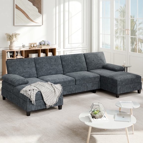 Walsunny U-Shaped Sectional Sofa Couch, 4 Seat U Shaped Oversized Clearance Sofa Set with Double Chaise for Living Room, Black