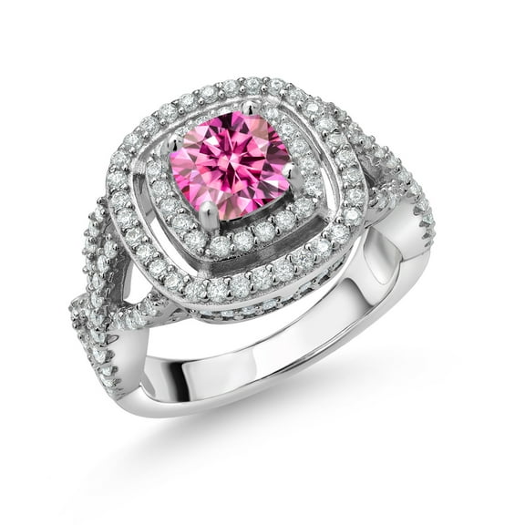 Gem Stone King 925 Sterling Silver Pink Moissanite and White Moissanite Ring for Women (1.91 Cttw, Gemstone Birthstone, Cushion Cut 6MM, Available in Size 5, 6, 7, 8, 9)