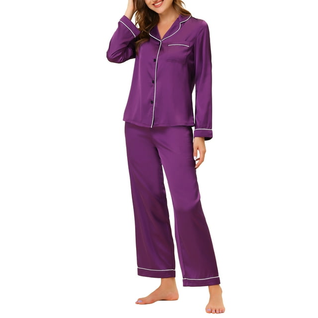 INSPIRE CHIC Ensembles de Pyjama en Satin pour Femmes Manches Longues Hauts et Pantalons 2 Pcs Tenue d'Intérieur TP Violet