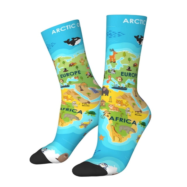 Fotbe World Map With Animals Landmarks Calcetas Largas con Estampado para Hombre y Mujer – Calcetas de Compresión Transpirables y Elásticas, Viajar y Uso Diario Talla 5-11