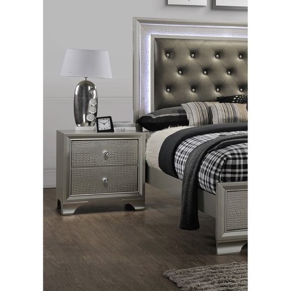Champagne Finish Nightstand With Crocodile Design And Two Drawer Spaces Modern Style Hue Pattern Two Compartment