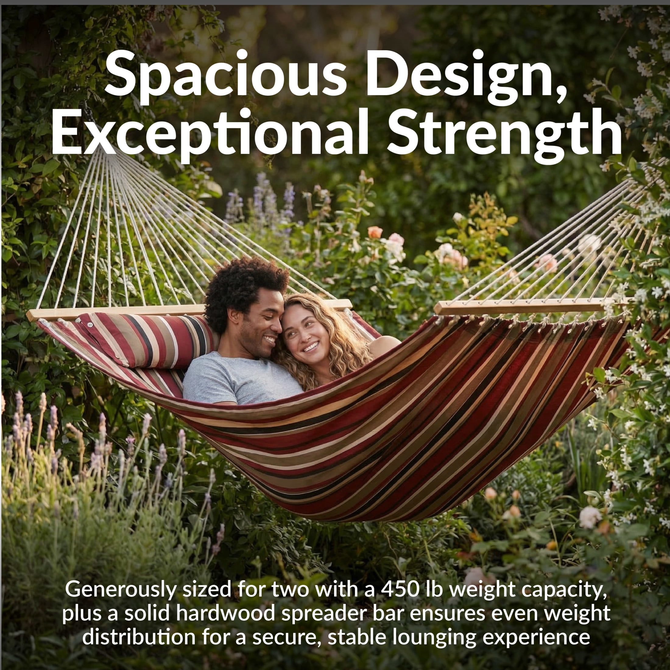 Sunnydaze 2-Person Quilted Polyester Spreader Bar Hammock, 450 lb - Awning Stripe
