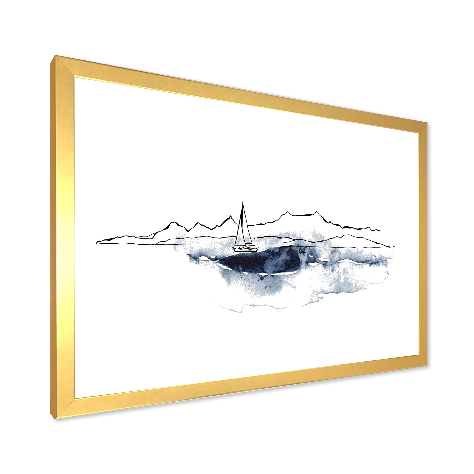 Designart 'Minimalistic Seascape With Boat and Black Mountains' Nautical & Coastal Framed Art Print