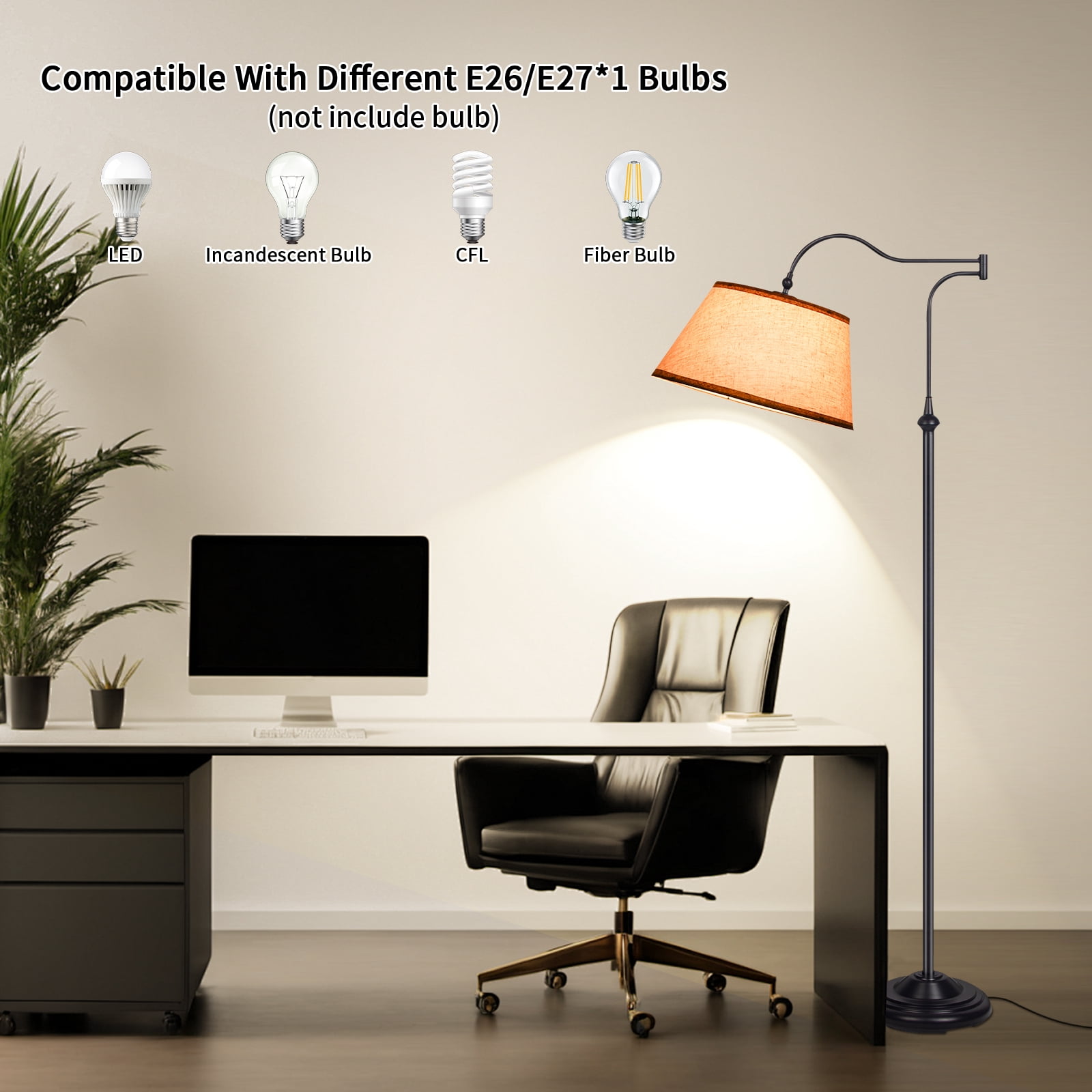 HonoDing Cantilever Floor Lamp, Standing Chandelier Floor Lamp with 180° Adjustable Swing Arm, Modern Floor Lamps with Linen Shade,Classic Lamp for Living Room Office Bedroom Reading(Black)