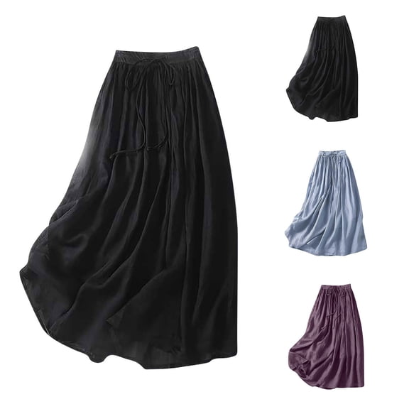 WWV Women Skirts Elastic Waist Flowy Swing Cotton Linen Skirt Dress with Drawstring Summer Solid Color Vintage Lady Loose Fit Weekend Skirt Black L