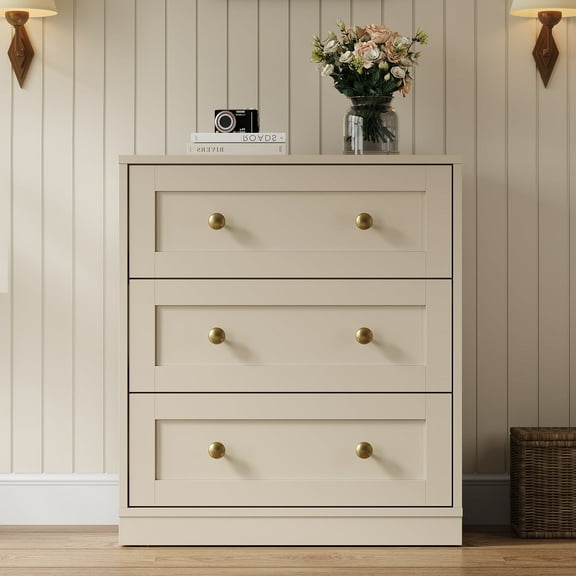 Heynemo 3-Drawer Nightstand, Wooden Bedside Table with Gold Knobs, Modern Storage Cabinet for Bedroom, Living Room, or Hallway, Beige