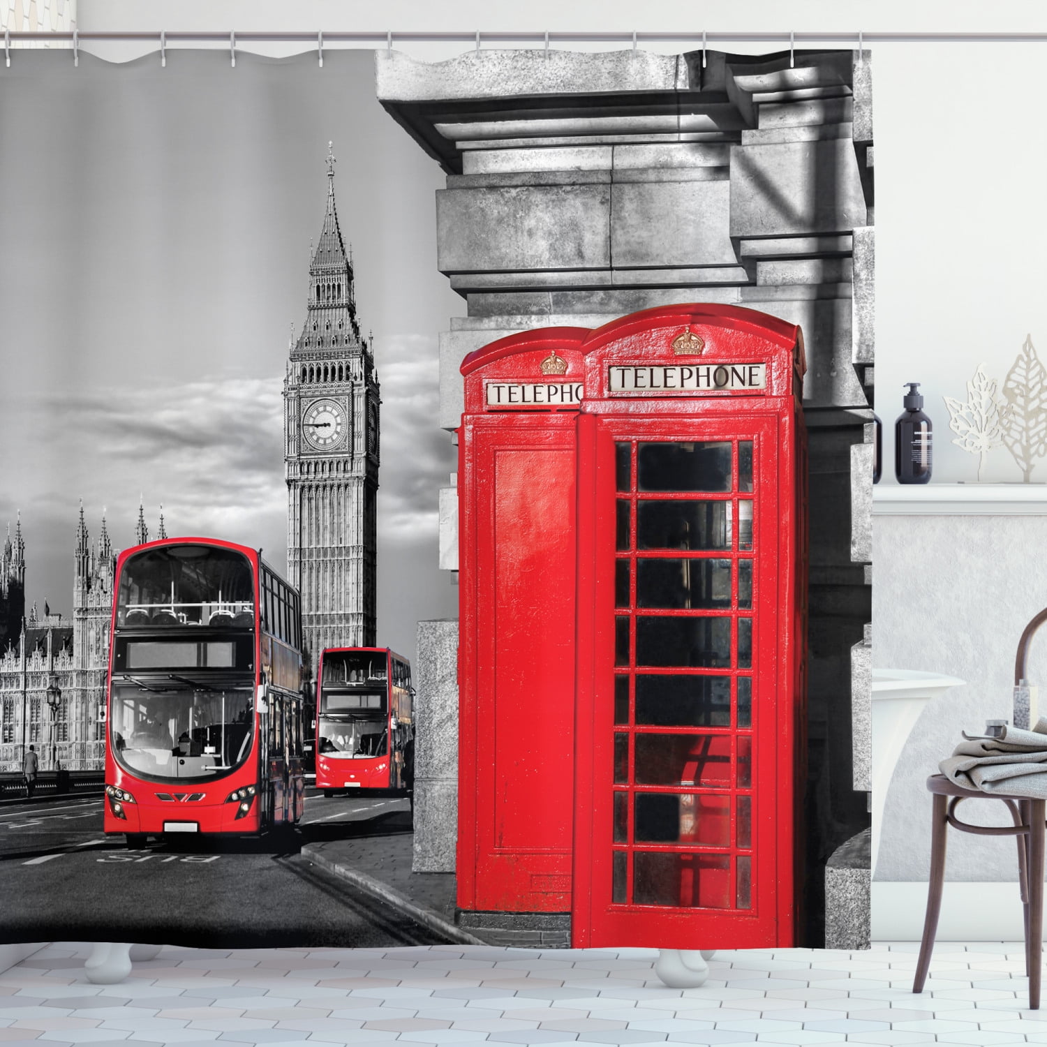 Custom Red Double Decker Bus London Bus Shower Curtain 100% Polyester Fabric Waterproof Size 66x72inch
