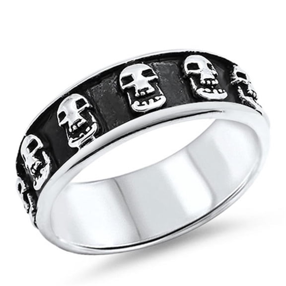 Biker Skull Ring Eternity Black .925 Sterling Silver Face Band Jewelry Female Male Unisex Size 11