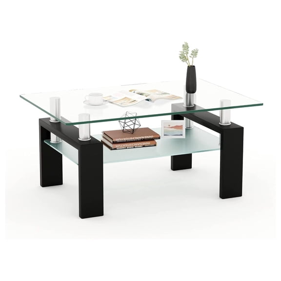 Rectangle Tempered Glass Coffee Table, Metal Leg Glass Tables for Living Room, Coffee Table for Home Office or Conversation Leisure Occasions, Rectangle Glass Table
