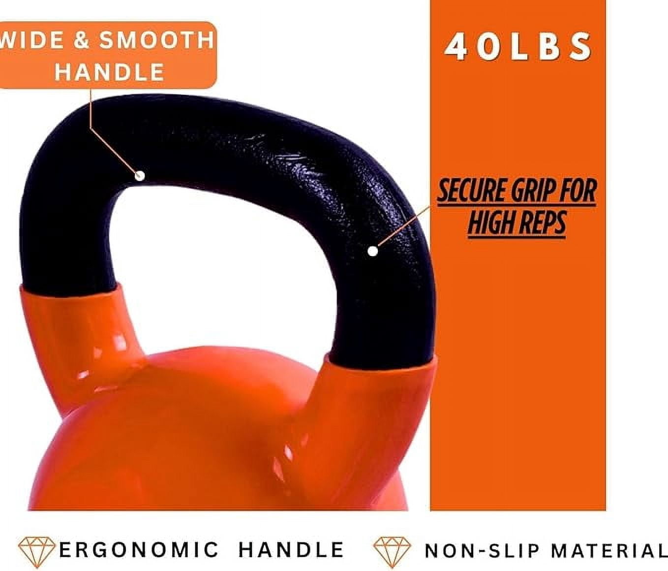 BESEA Orange Vinyl Coated Kettlebell 20~45LBS, Wide Grip Handle, Stable Flat Base, Strength Training, Durable Kettle Bells