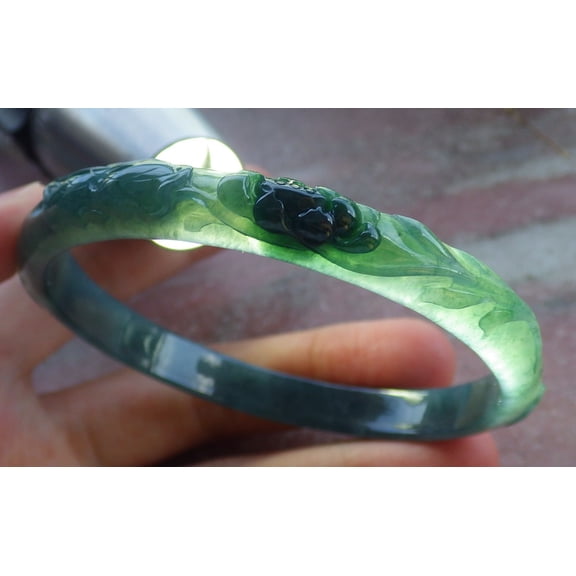 Certified Icy Green Burma 100% Natural A JADE Jadeite Fish Flower Bangle Bracelet 61 mm 666184 TN