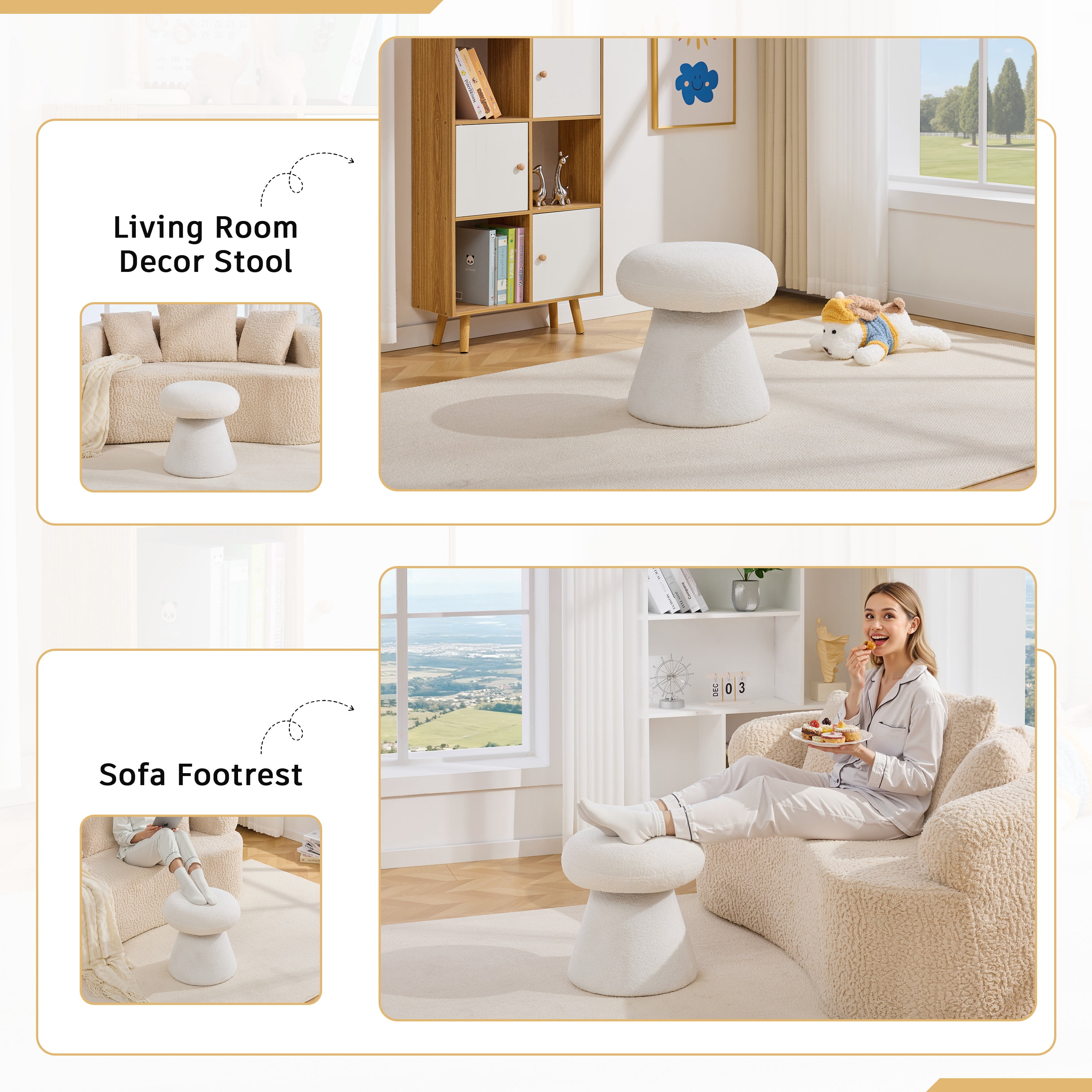 Teddy Fabric Mushroom-Shaped Ottoman with 360-Degree Swivel, Soft-Padded Footstool and Shoe-Changing Stool for Bedroom, White