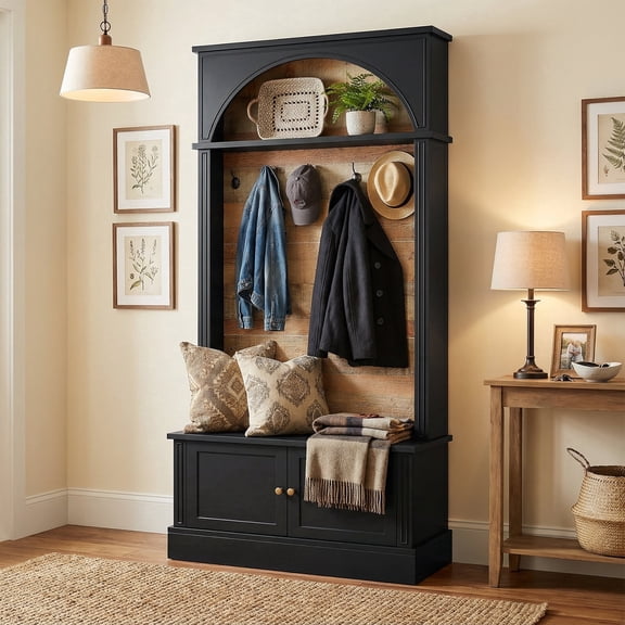 Fnova 70.86" Hall Tree with Storage Bench, 4-in-1 Design Entryway Bench with Coat Rack, Farmhouse Closet Organizer with 5 Hooks and Adjustable Shoe Storage for Entryway, Hallway, Black