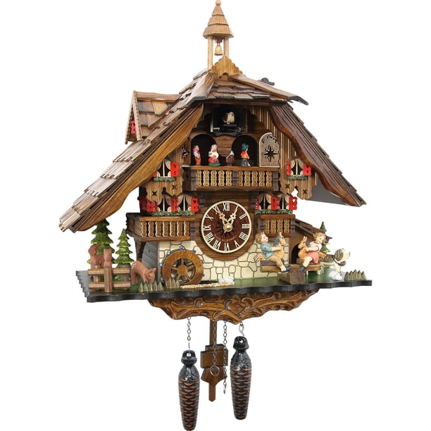 Trenkle Quartz Cuckoo Clock Black Forest House with Moving Wood Chopper and Mill Wheel, with Music TU 4217 QM