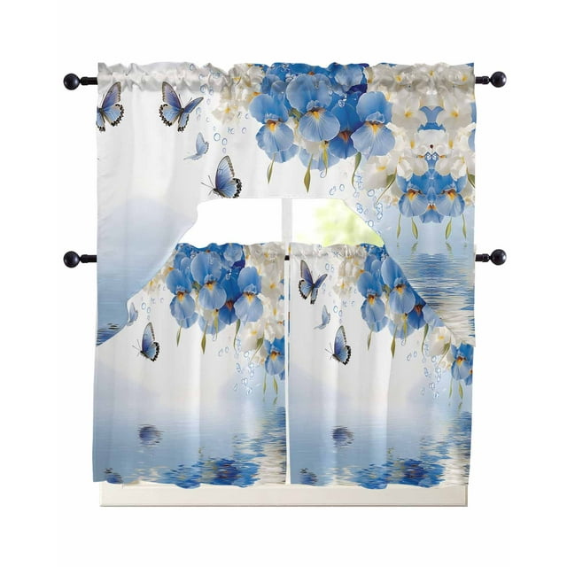 Flower Butterfly Blue Kitchen Curtains Sets 24 Inch Length with Valance, Spring Botanical Watercolor Floral Leaf Swag Valances and Tiers Curtain Set Drapes Swag Curtains for Living Room, Bathroom