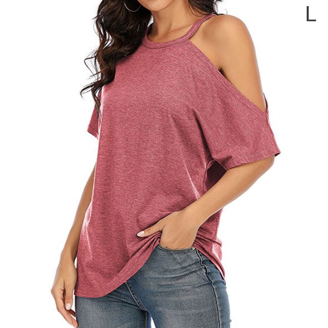 Camiseta de mujer Verano con hombros descubiertos Blusa de manga corta Top suelto, Rosa, L Noticed AP001354-13