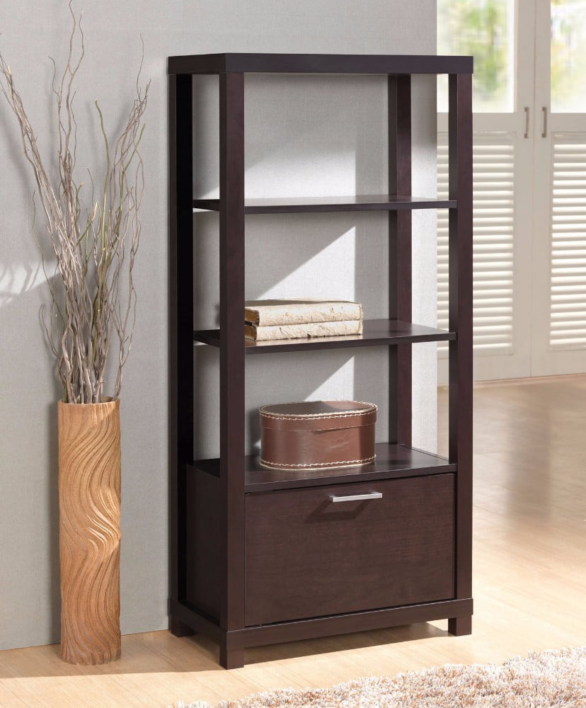 Wooden Bookcase With 3 Shelves & Door, Espresso Brown
