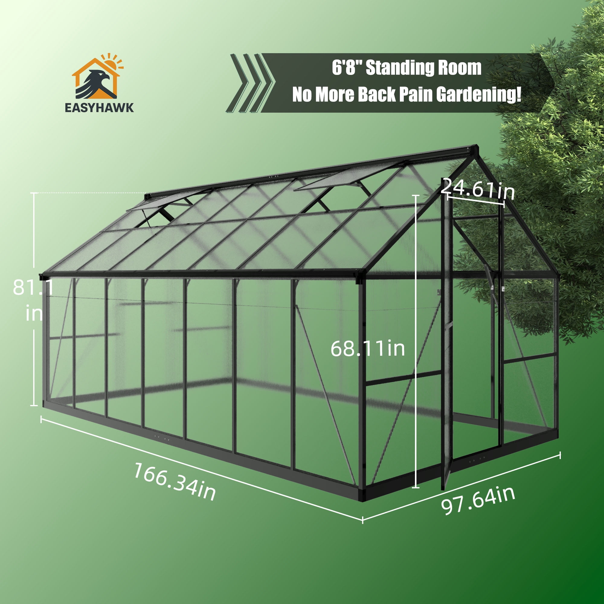 EASYHAWK 8x14 ft Outdoor Greenhouse with Steel Frame – Polycarbonate Walk-in Green House for Garden/Backyard, Quick Setup, Roof Vent, Black