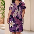 thumbnail image 3 of Purple Leaves White Tropical Flowers Women's Summer Short Sleeve Casual Dresses Party Dress, 3 of 5