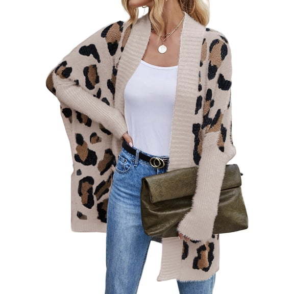 Women'S Y2k Open Front Knitted Sweater Leopard Print Long Batwing Cardigan Fall Winter Loose Coat Khaki L
