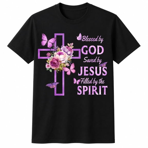 Blessed by God Saved by Jesus Christian Cross Floral T-Shirt