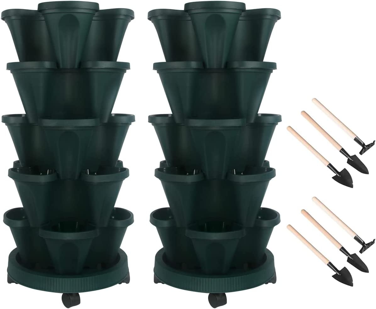 5 Tier Vertical Garden Stackable Planter with Wheels, Strawberry Planter Indoor/Outdoor for Growing Vegetables Succulents, Green 2 Set