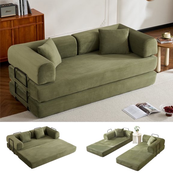 78" Convertible Sofa Bed, Modular Corduroy Sleeper Sofa with Fixed-Shape Frame & Removable Armrests, Folding Mattress Couch for Small Spaces, No Assembly Boneless Couch for Living Room