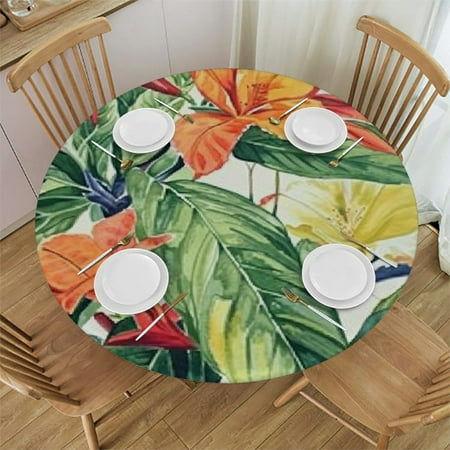 

Tllo0ord Tropical Round Fitted Tablecloth with Elastic Edge Exotic Flowers Print XSmall Polyester Table Cover Fit Round Tables up The Ultimate Protection for Your Table 42-46