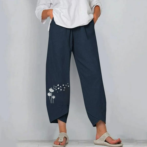 Lilgiuy Women's Fashion High Waist Straight Tube Petal Trouser Hem Print Cotton Hemp Versatile Casual Pants for Formal Meeting Date