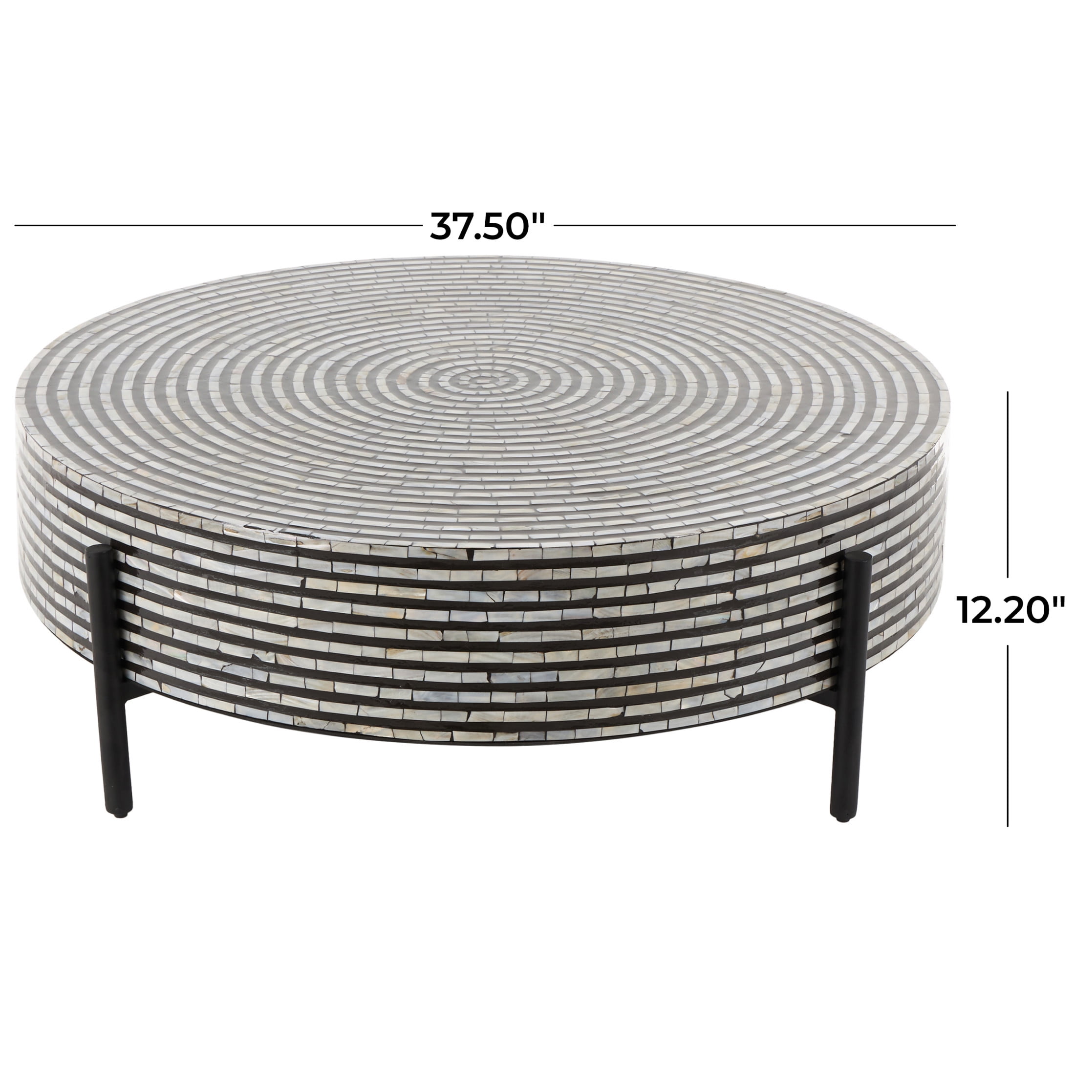 DecMode 38" x 12" Gray Mother of Pearl Shell Handmade Mosaic Inlay Geometric Coffee Table with Black Metal Legs, 1-Piece