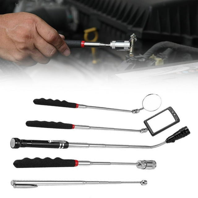 Pickup Device, Pickup Tool Set for Men 5Pcs with 360 Swivel Inspection Telescoping Magnet Pickup Tool Flexible Led Flashlight Mechanic Tools Cool Gadgets for Men with a Bag