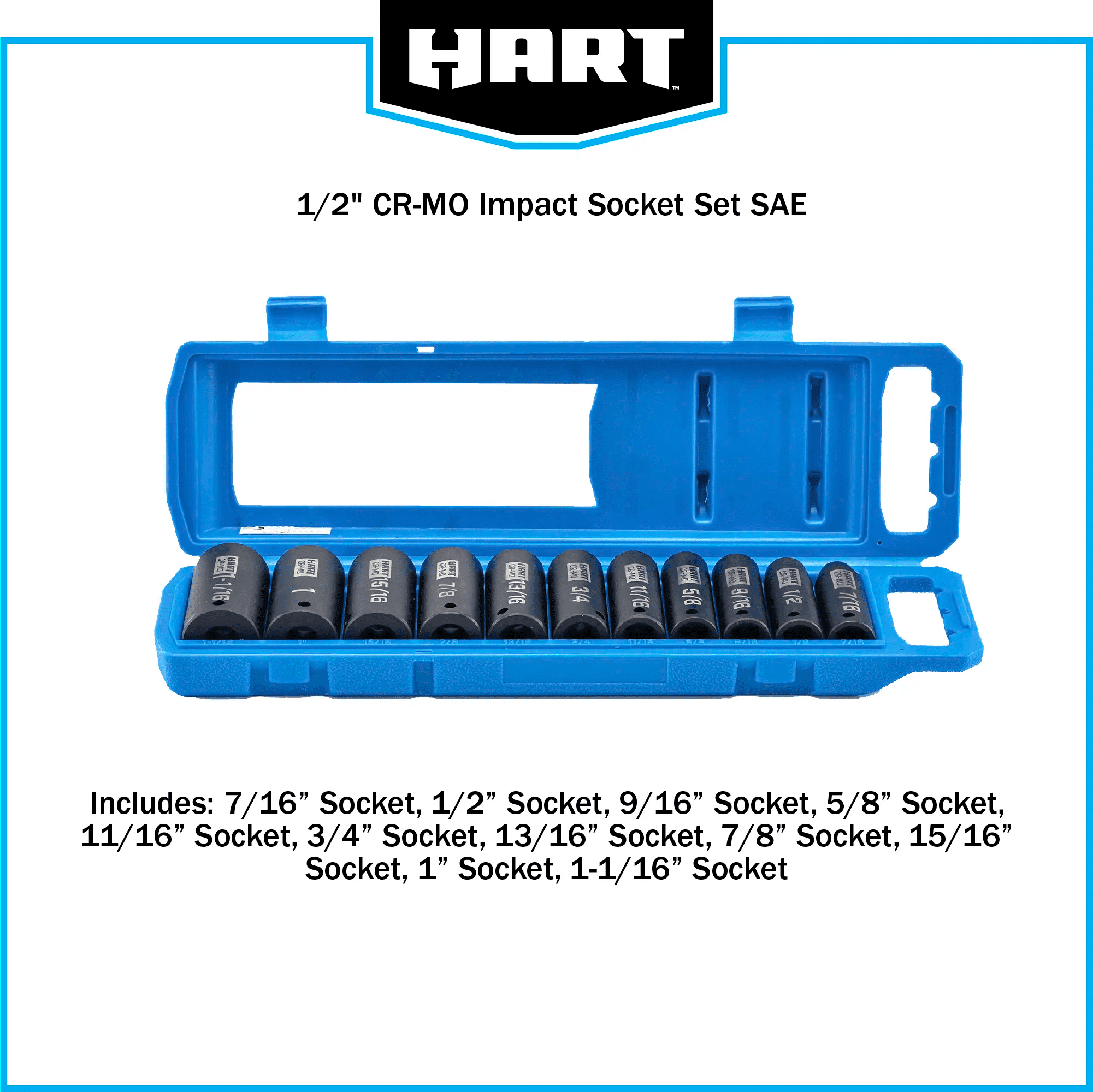 HART 11 Piece 1/2-inch CR-MO Impact Rated Socket Set , Standard Sockets