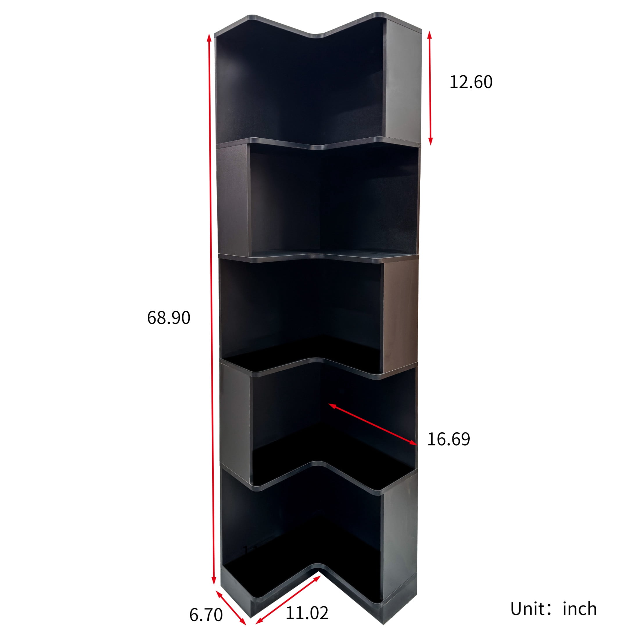 Noble House 68.9" Corner Bookshelf, 5-Tier L-Shaped Bookcase with Baffle & LED Lights, Space-Saving Design, Black