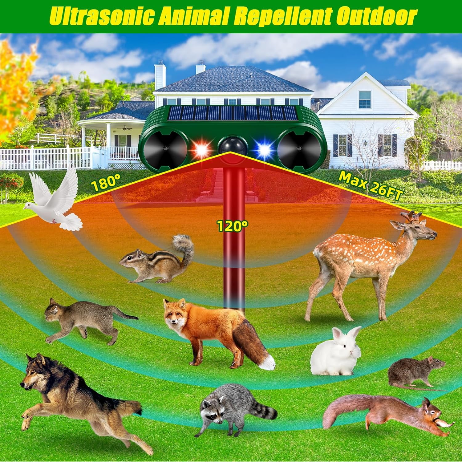 Paddsun Solar Animal Repeller,Ultrasonic Animal Repellent Deer Repellent Devices with LED Flashing Light to Squirrel Rabbit Raccoon for Garden