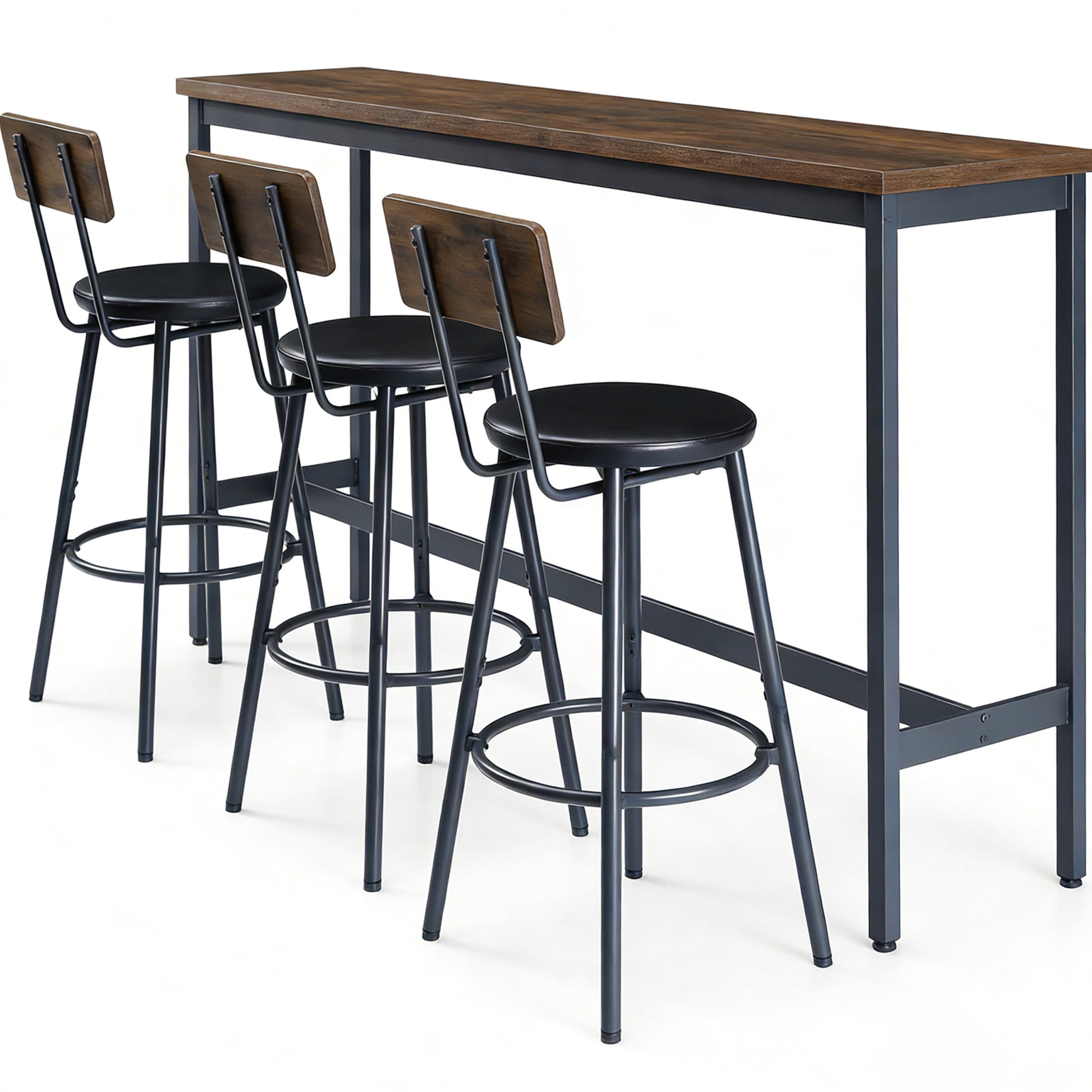 Noble House 4-Piece Industrial Bar Table and Chairs Set, Kitchen Dining Table with 3 Faux Leather Stools, Rustic Brown