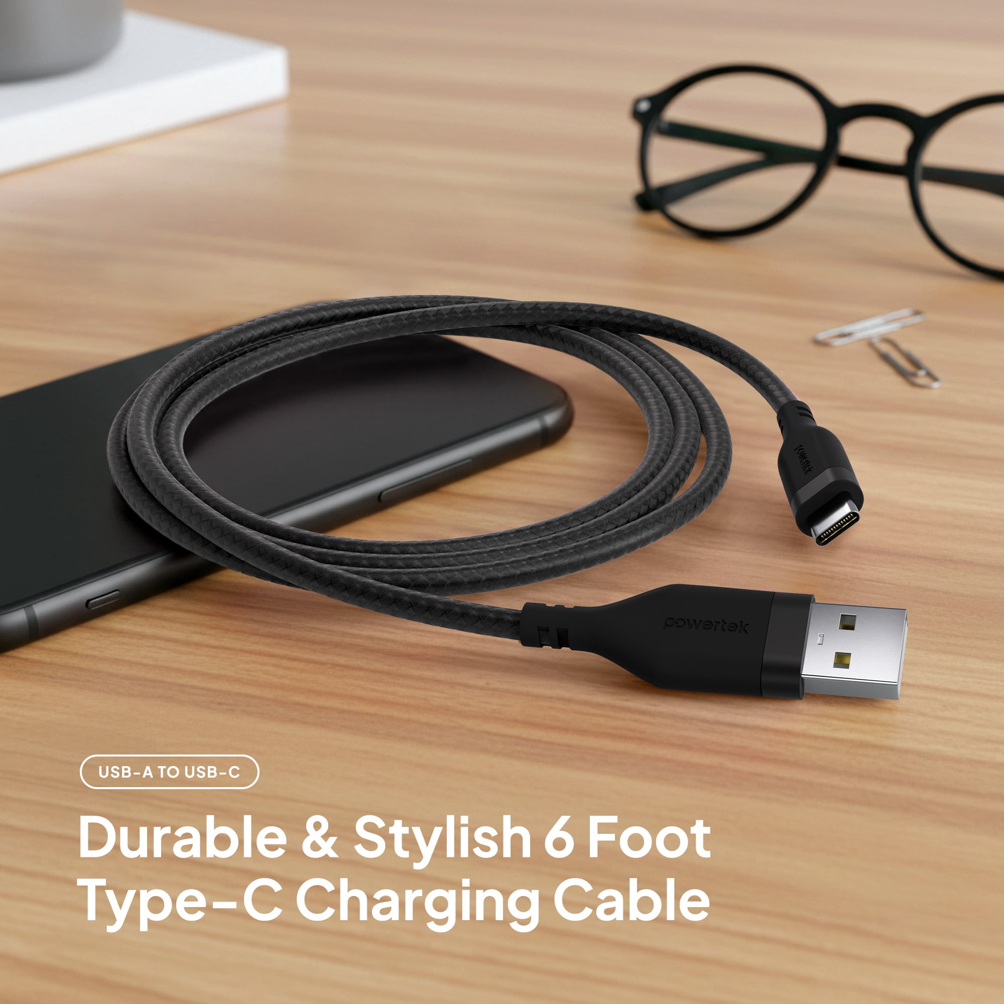 Powertek USB-A to USB-C (Type-C) Charging Cable, Carbon Design Texture, 6 ft, Black