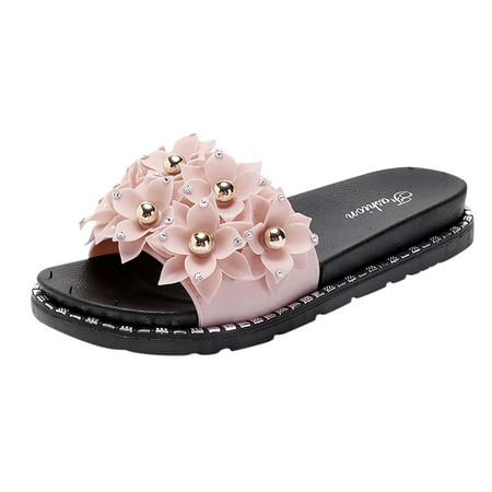 

Alueeu ladies shoes casual Sandals For Women Ladies Fashion Flower Crystal Bohemian Flat Slippers Sandals Casual Beach Shoes Pink 37