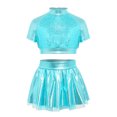 thumbnail image 3 of Aiihoo Kids Girls Jazz Dance Performance Outfit Mock Neck Short Sleeve Sequins Metallic Shirt Crop Top with Shiny Tutu Skirt Streetwear Blue 14, 3 of 6