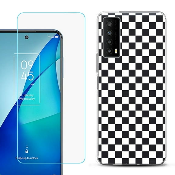 Slim-Fit Gel TPU Phone Case for TCL Stylus 5G, with Tempered Glass Screen Protector, by OneToughShield ® - Checker B/W