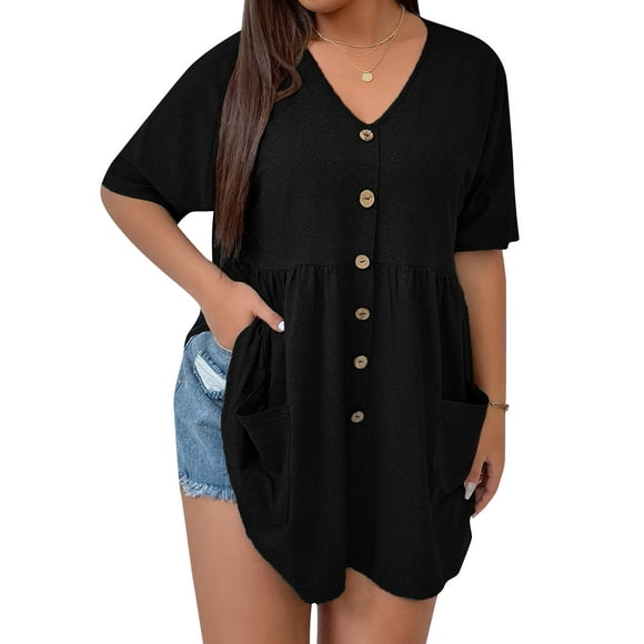 Camiseta suelta para mujer Túnicas Cuello en V Manga corta Tallas grandes Tops casuales Tomshoo Camiseta mujer