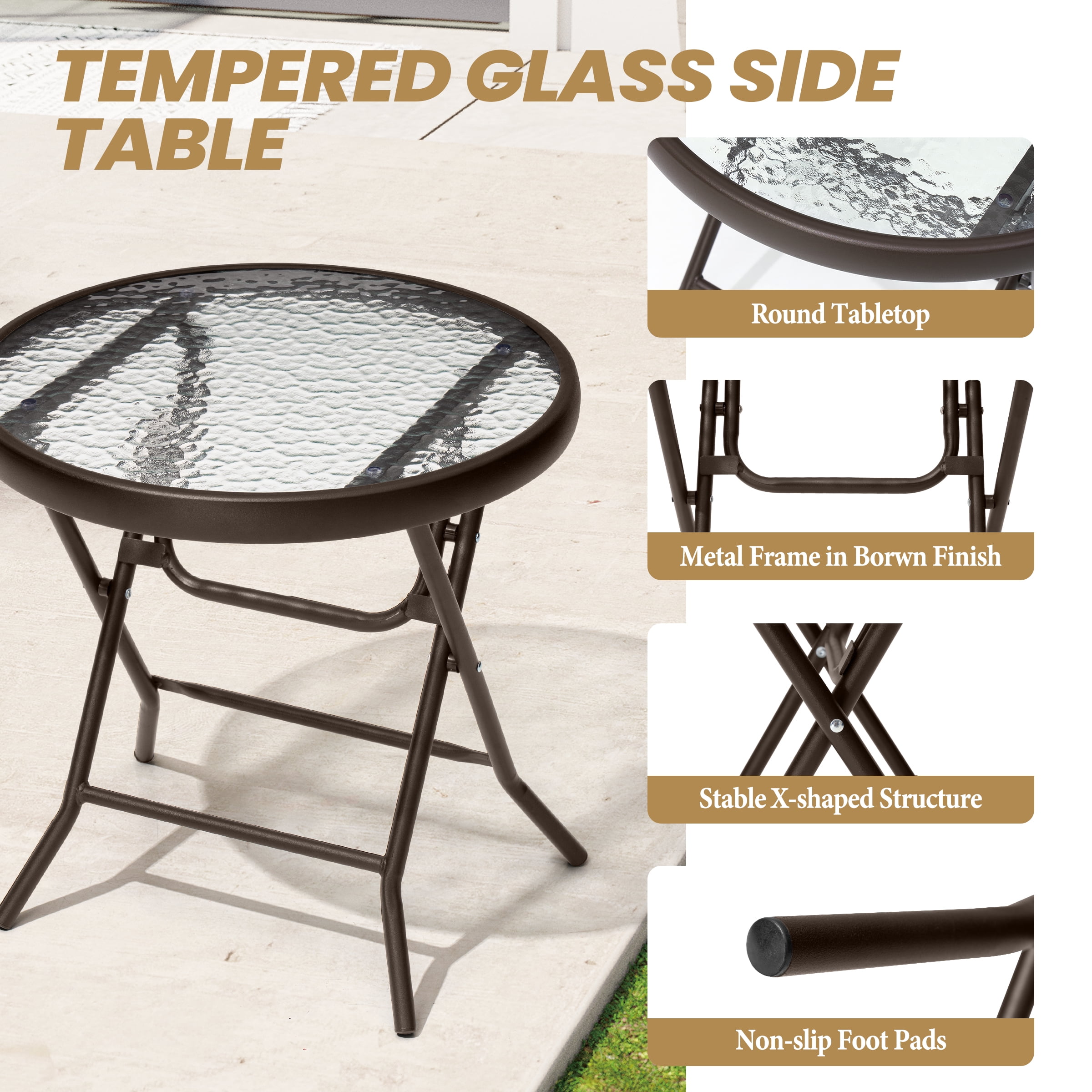 Crestlive Products Foldable Patio Side Table with Tempered Glass Top 18" Small Glass Patio End Tables (Brown，2PCS)